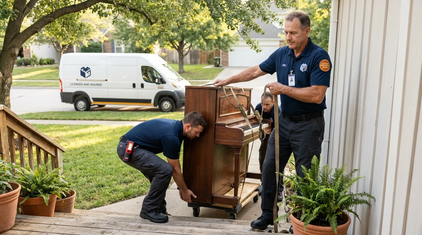 Licensed piano movers securing grand piano in Dutch Harbor, AK