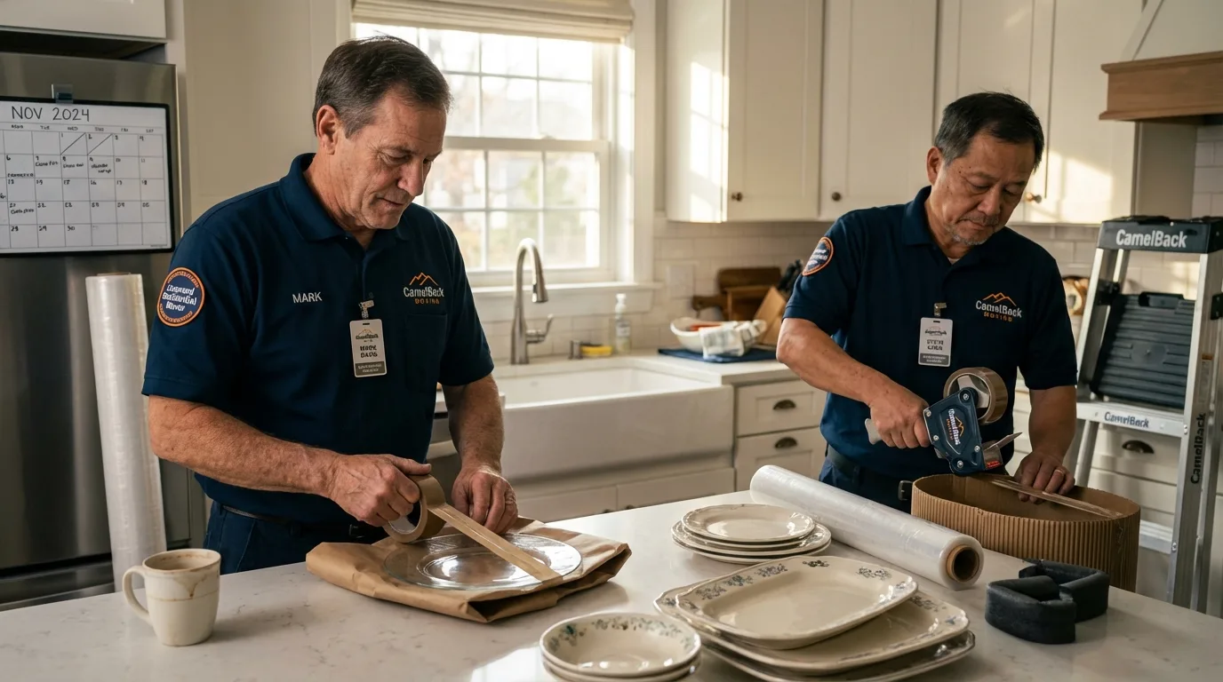 Professional crew packing kitchen dishware in Dutch Harbor, AK